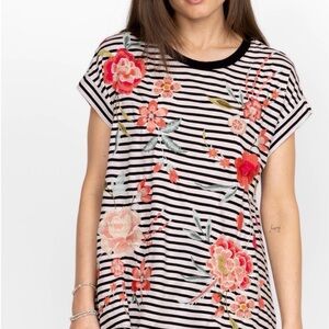 Johnny Was “Joya” Relaxed Draped Tee Black and White Striped Floral Embroidery L